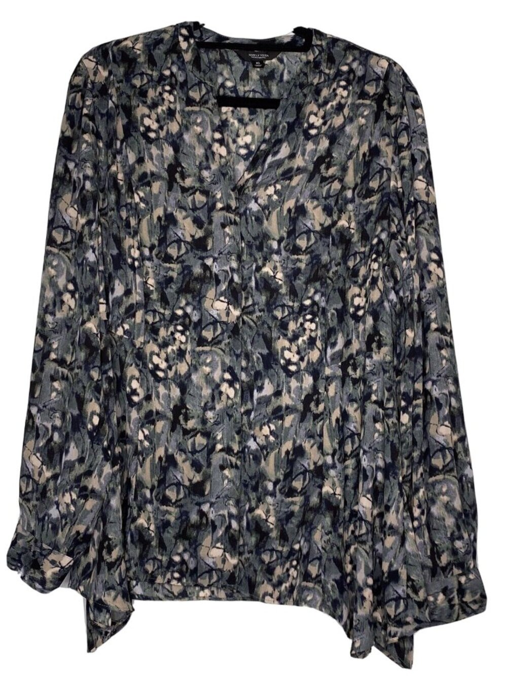Simply Vera Size XL Black Print Handkerchief Hem Semi Sheer Long Sleeve Top